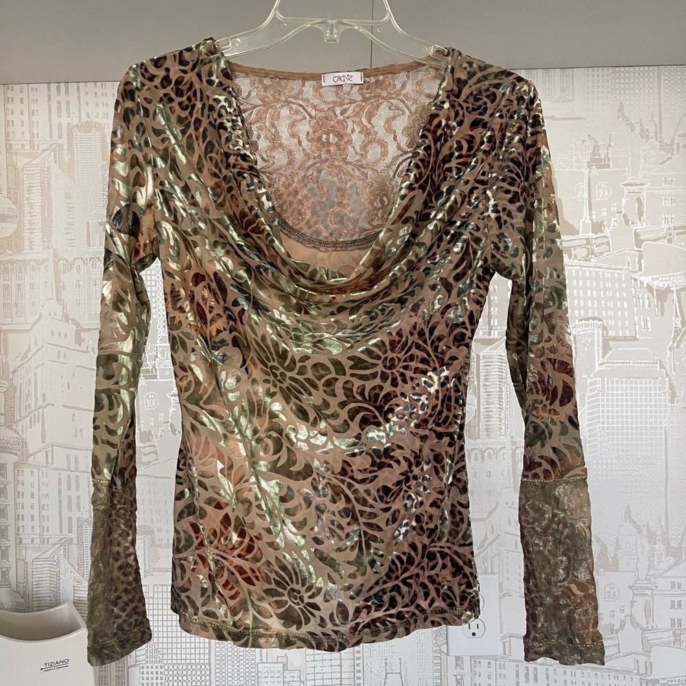 Cache Long Sleeve Top Velour Plant Print - Size Medium M